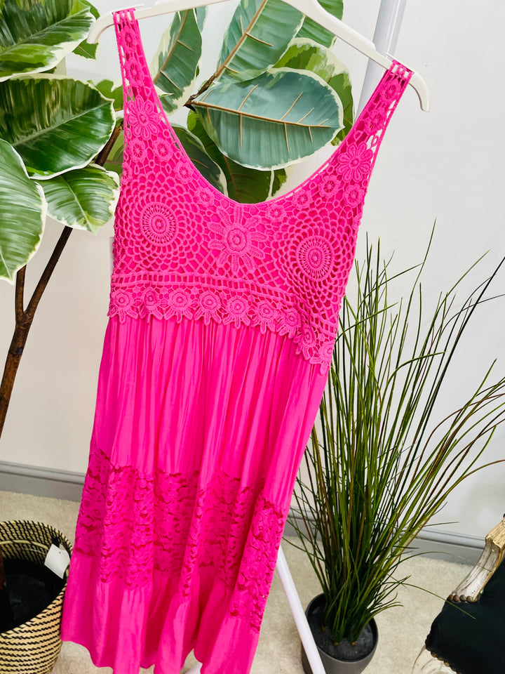LADIES CROCHET LACE SUMMER MIDI DRESS - WHITE, ROYAL BLUE, FUSCHIA PINK & GREEN