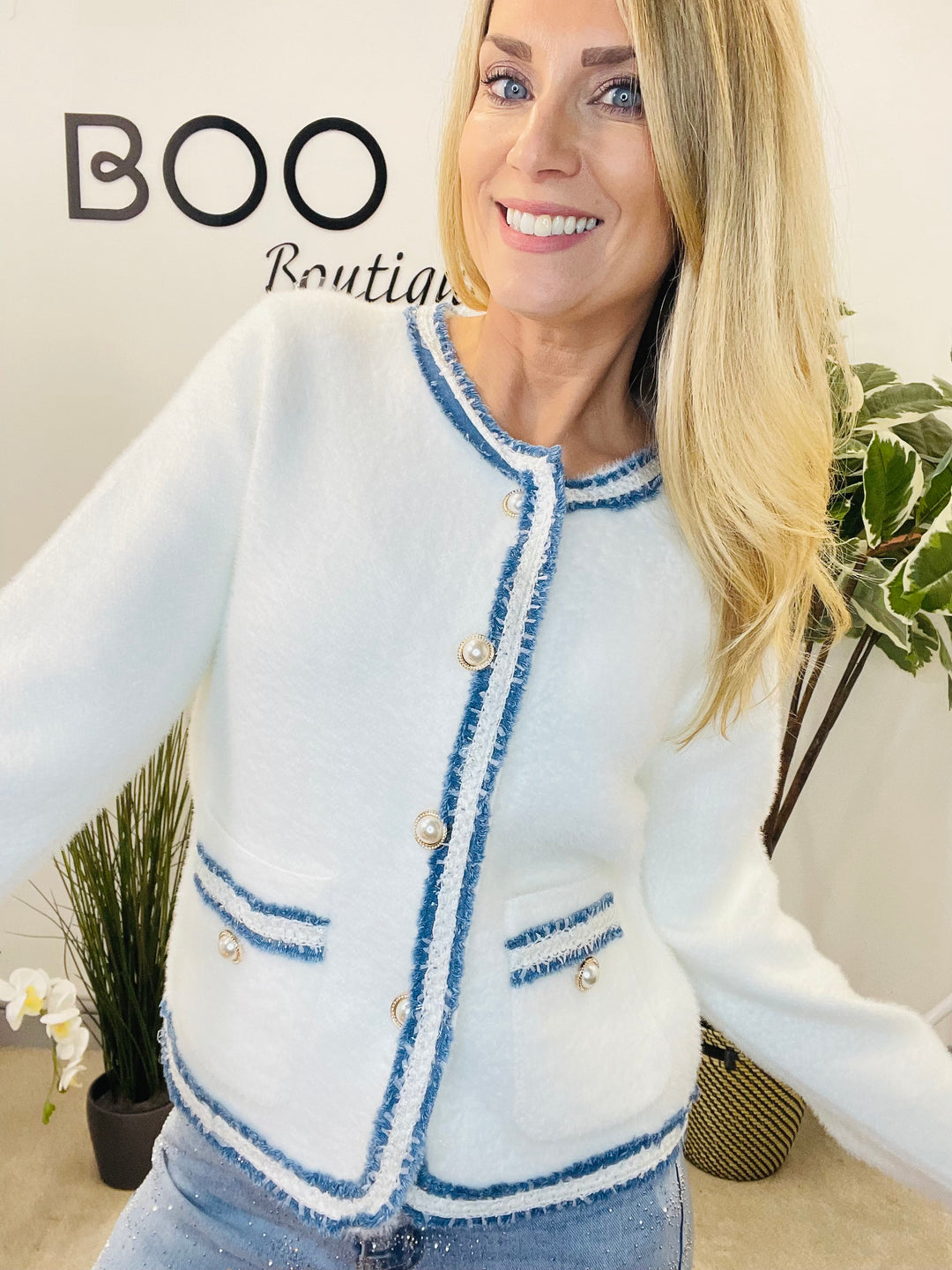 LADIES FLUFFY WHITE INSPIRED DENIM EDGE CARDIGAN