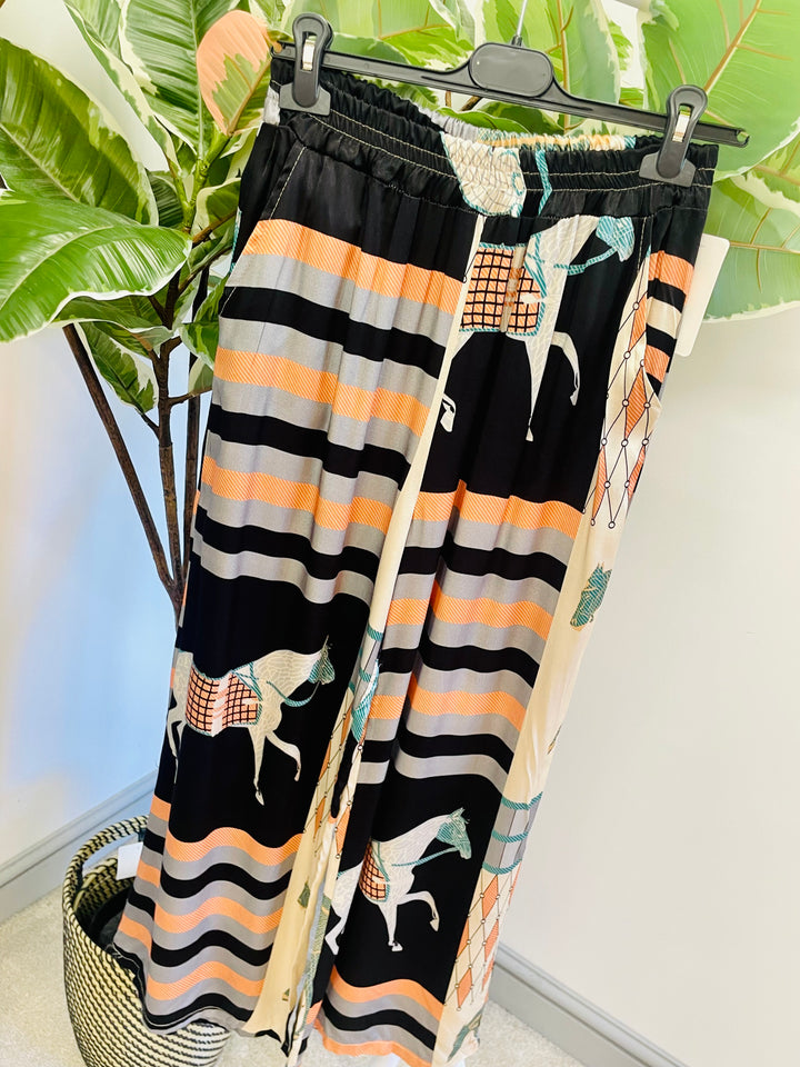 LADIES WOMENS INSPIRED PRINT SATIN PALAZZO PANTS TROUSERS - NAVY, BLACK & KHAKI