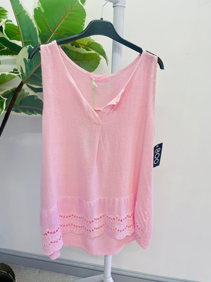 LADIES WOMENS TEA BAG LINEN SLEEVELESS LACE VEST TOP - BLUE PINK & WHITE
