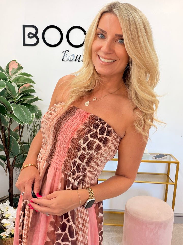 Ladies Summer Animal Print Bandeau Maxi Dress - Pink, Lilac, Blue & Black