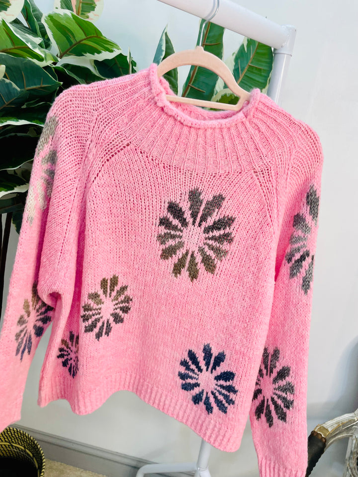 LADIES CONTRAST KNIT JUMPER - PINK, KHAKI & BEIGE