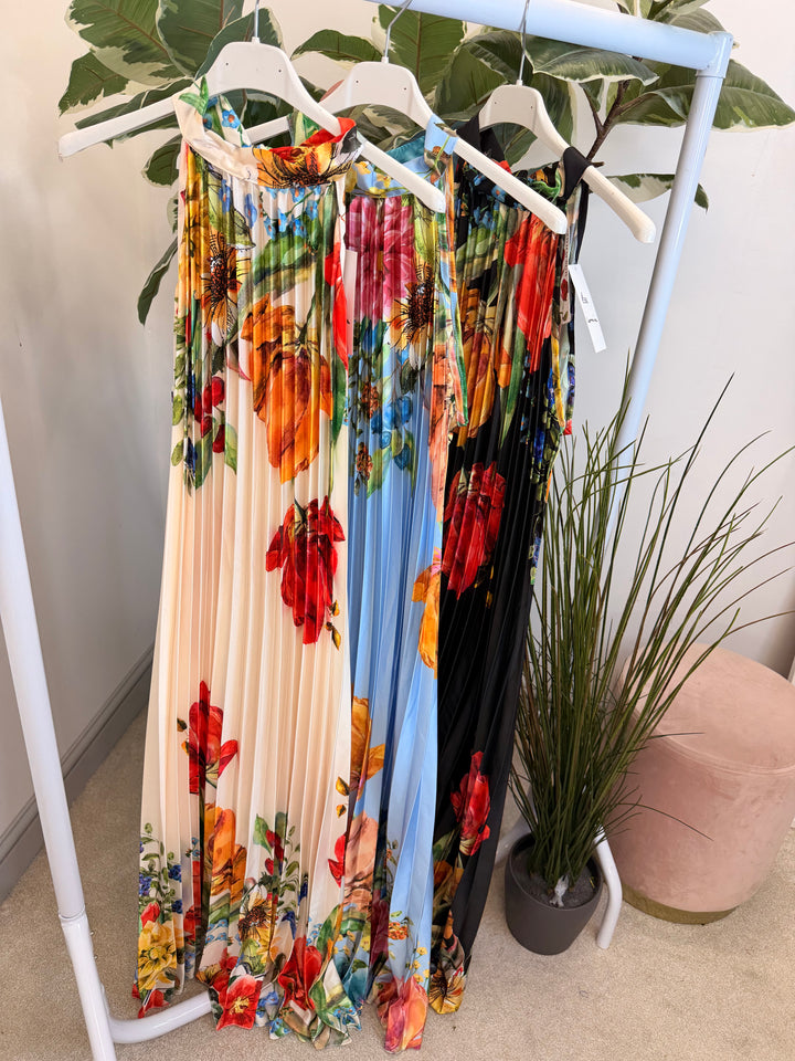 Ladies Satin Pleated Flower Print Summer Maxi Dress - Black, Cream & Blue
