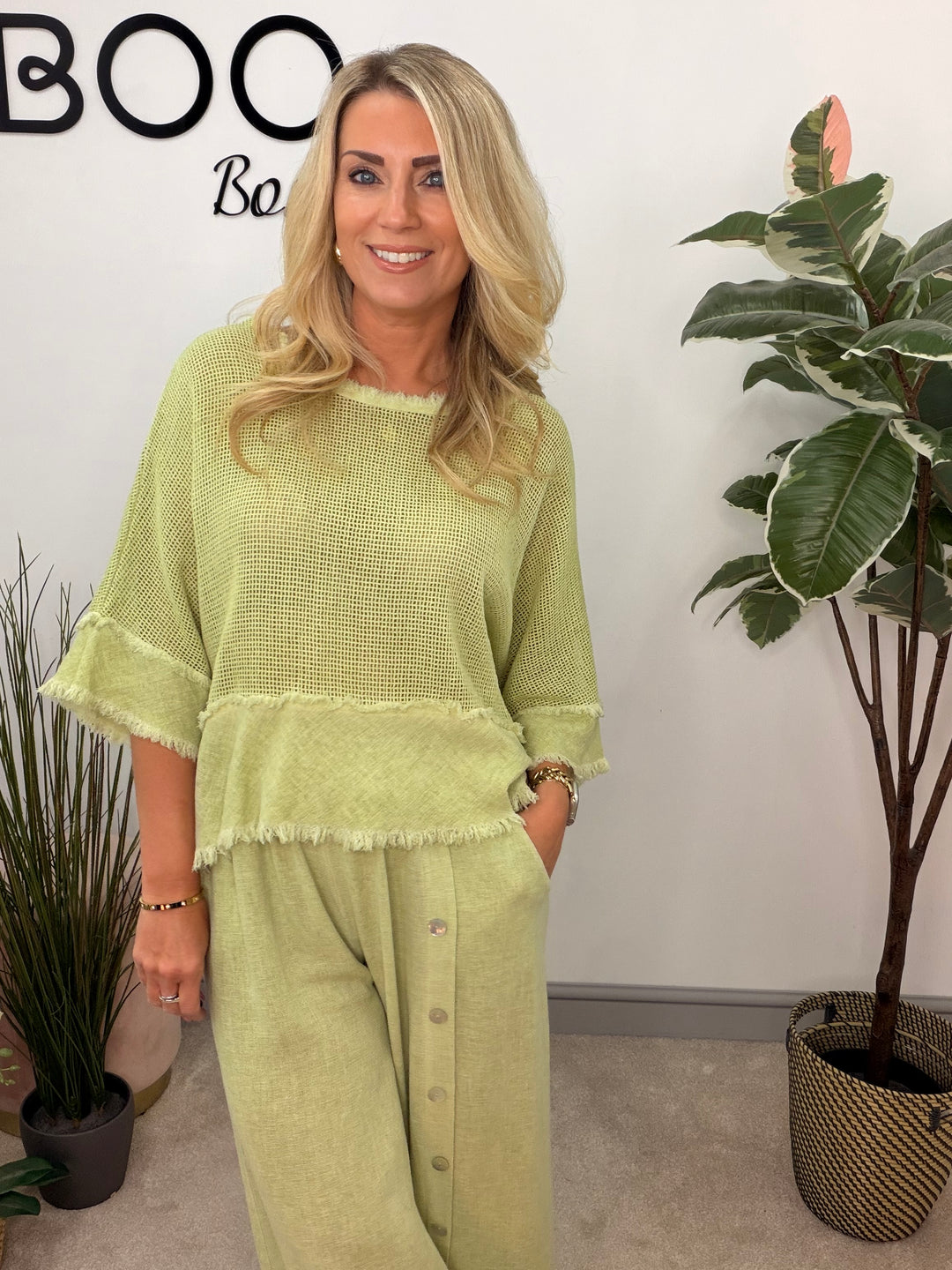 Ladies Tea Bag Linen Top lime