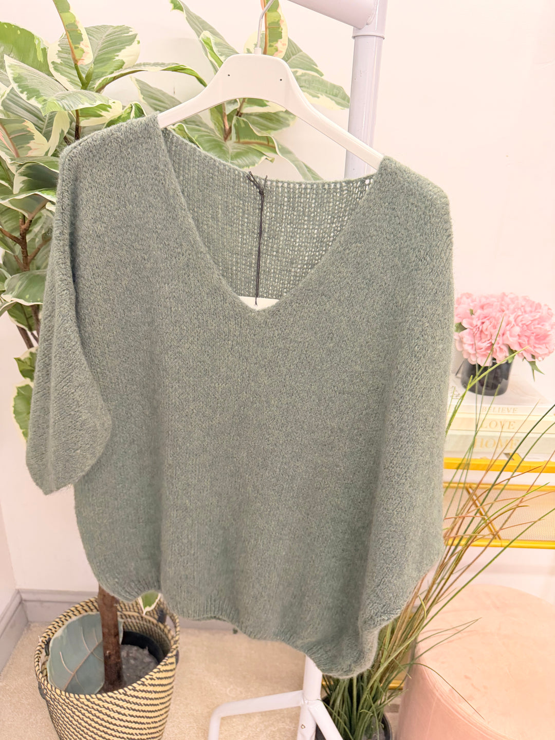 Womens fluffy knit short sleeve V neck jumper - Berry, Brown, Oatmeal, Blue & Khaki