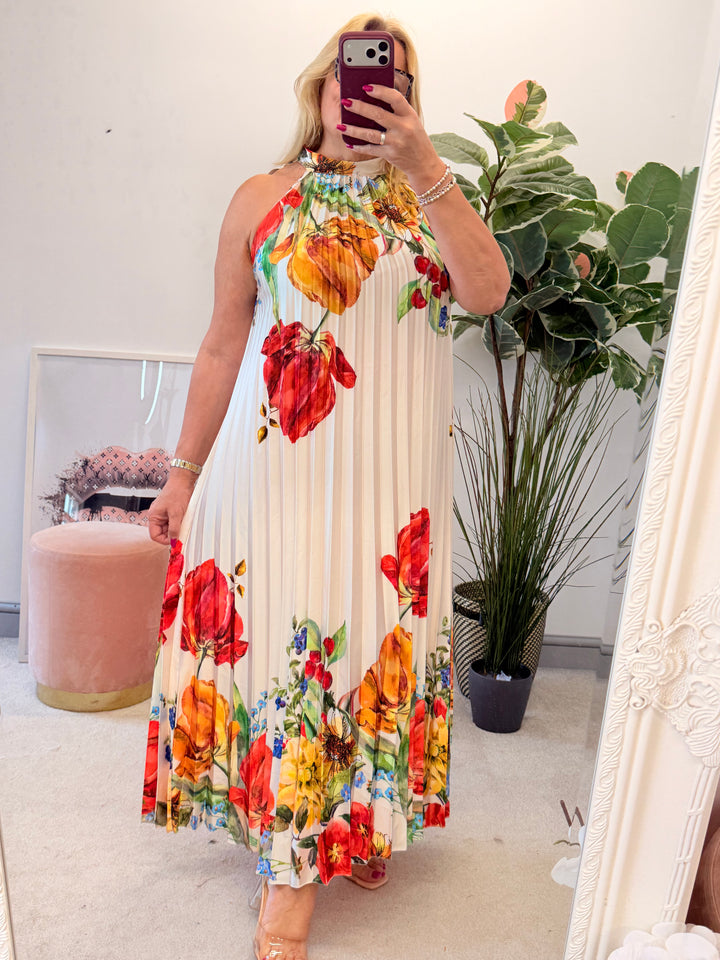 Ladies Satin Pleated Flower Print Summer Maxi Dress - Black, Cream & Blue