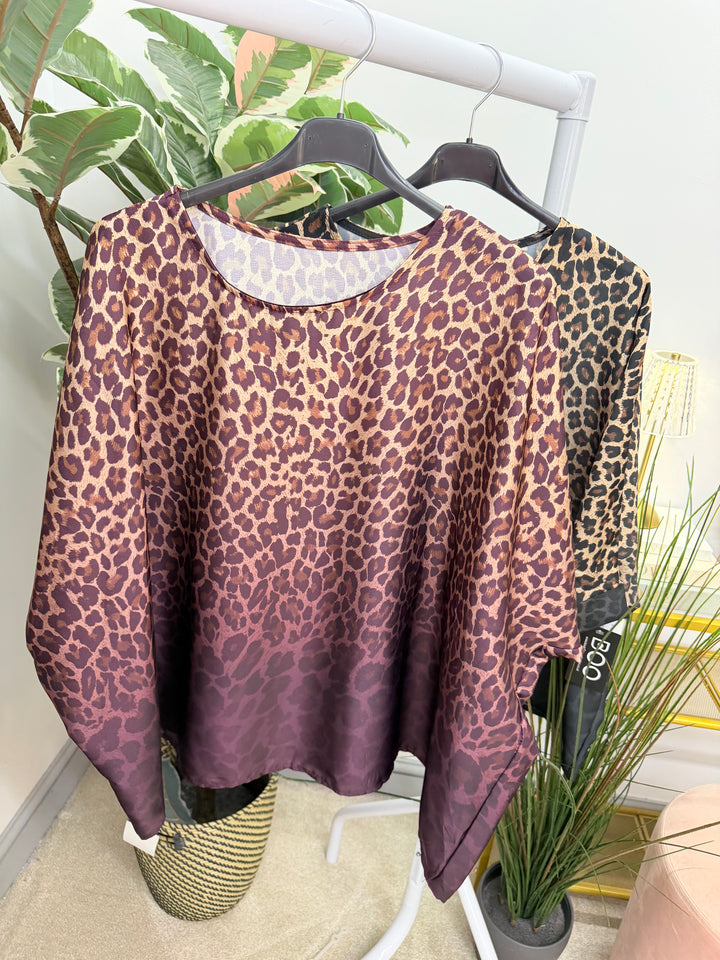 Womens Animal Print Oversize Loose Fit Floaty Blouse Top - Burgundy & Grey