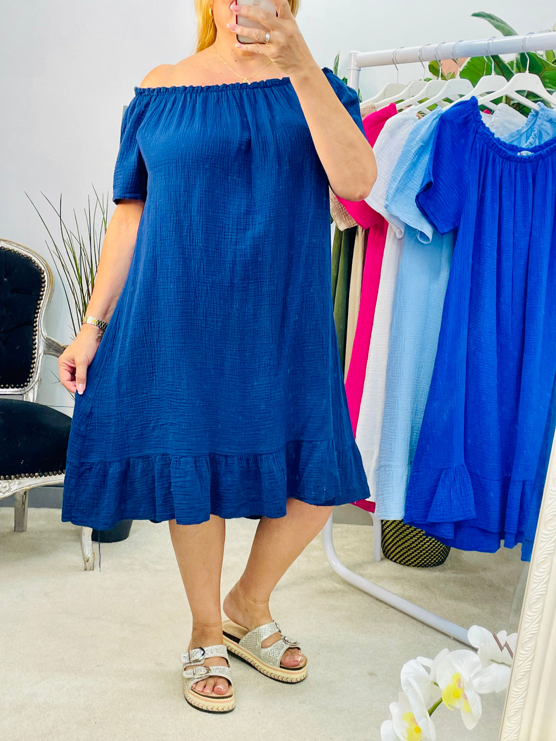LADIES CHEESECLOTH SUMMER BARDOT MIDI DRESS - NAVY, WHITE, KHAKI, PINK, BLUE