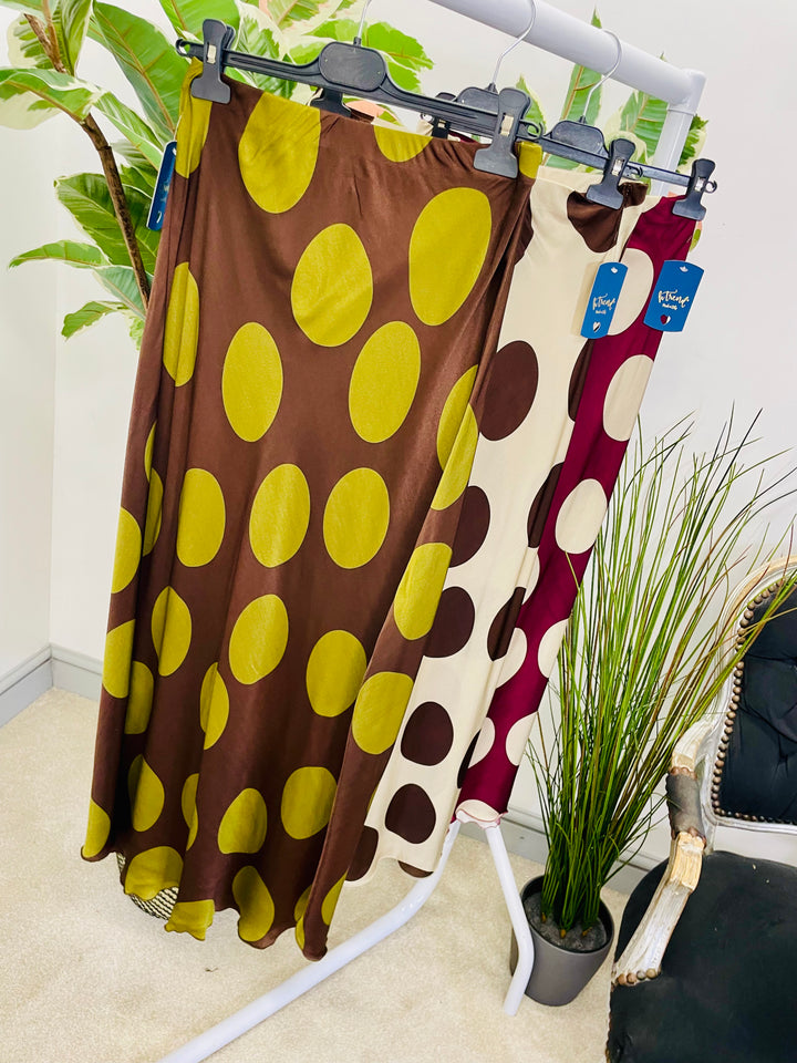 LADIES POLKA DOT SATIN MAXI SKIRT - CHOCOLATE BROWN, BURGUNDY & BEIGE