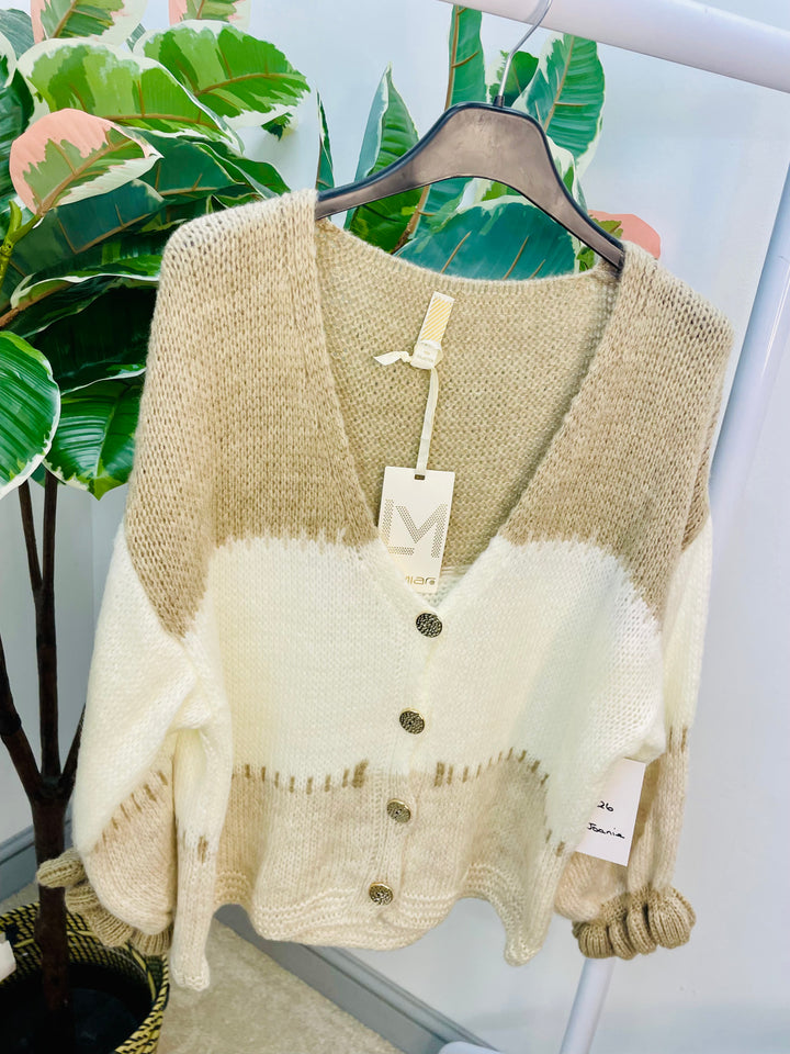 LADIES COLOUR BLOCK CARDIGAN - BEIGE & KHAKI