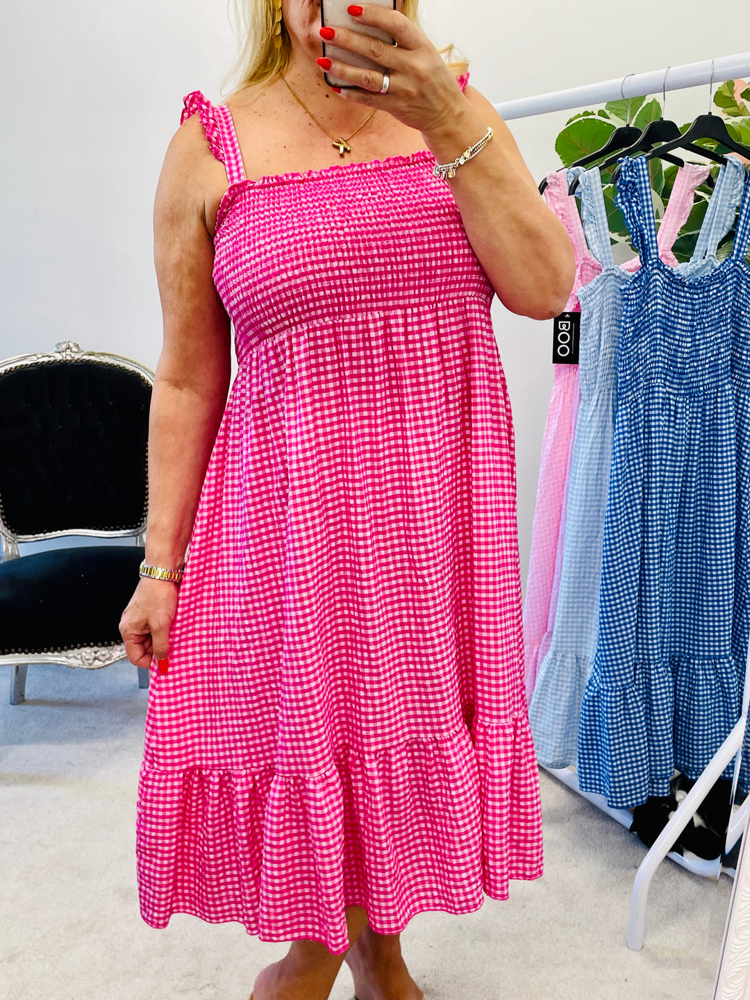 LADIES PRETTY GINGHAM CHECK SUMMER SUN DRESS - PINK, ROYAL BLUE, BABY BLUE, FUSCHIA
