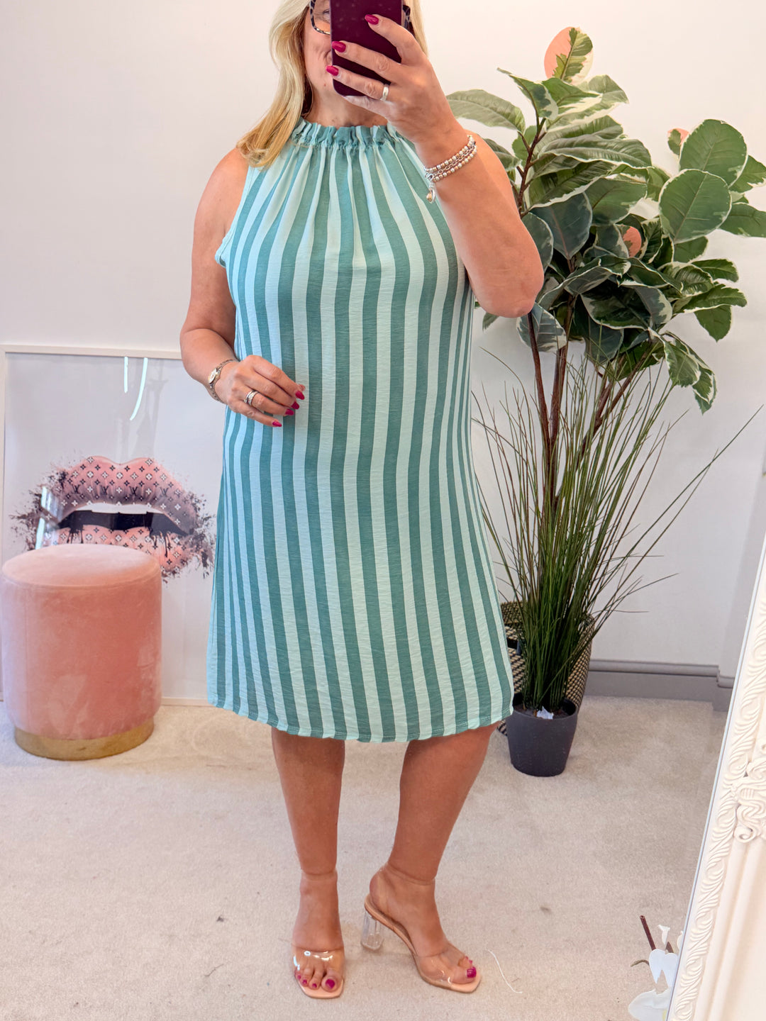 Ladies Candy Stripe High Neck Summer Sun Dress - Brown, Blue, Mint & Pink