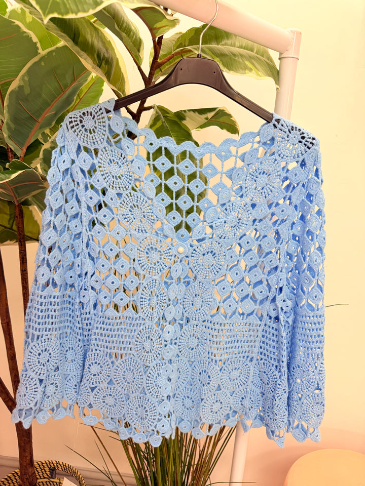 Ladies Fashion Crochet Bolero Cardigan - White, Peach, Blue, Pink, Lemon