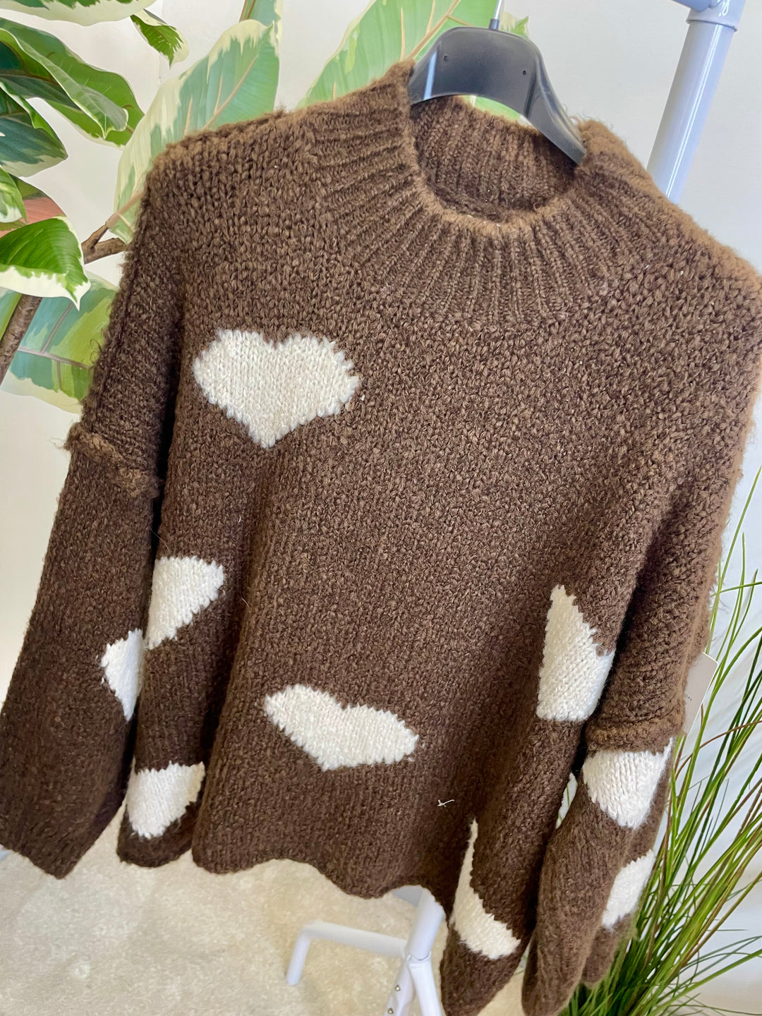 LADIES CHUNKY KNIT HEART JUMPER - MOCHA, BEIGE, BROWN & PINK