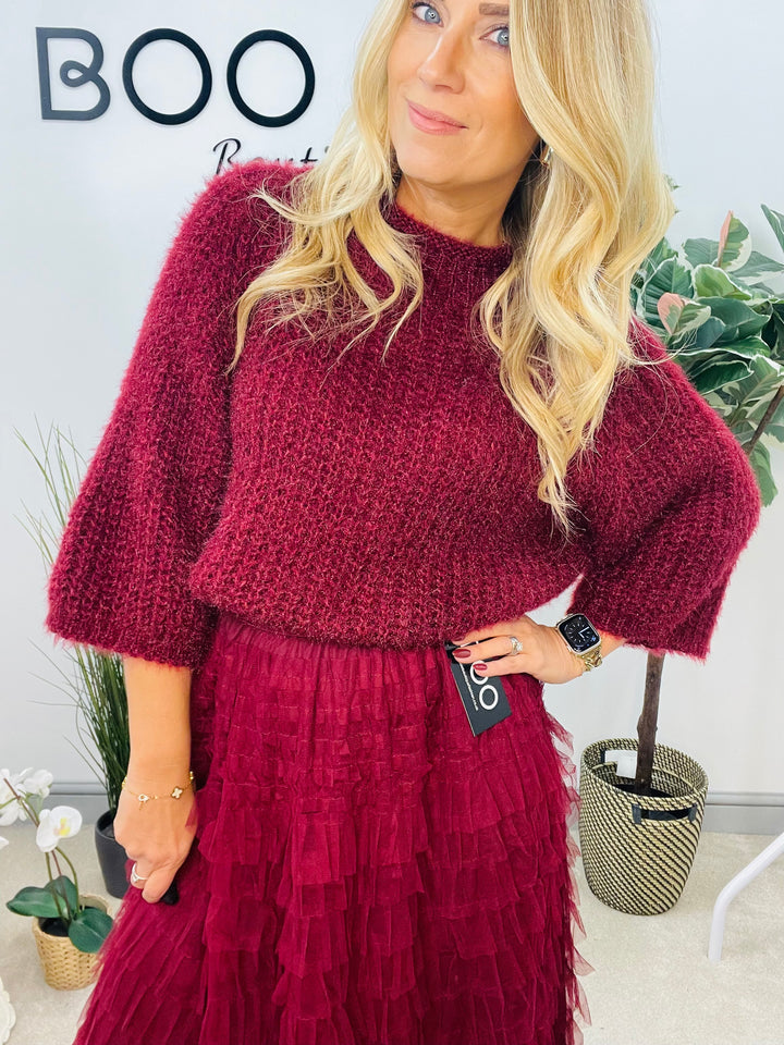 LADIES FLUFFY SHORT SLEEVE JUMPER - BROWN, BLACK, BEIGE, BLUE, BURGUNDY, MOCHA