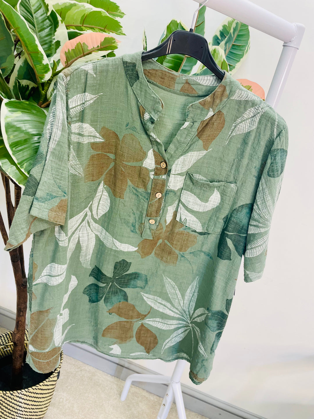 LADIES LEAF PRINT LINEN GRANDAD SHIRT TOP - WHITE & KHAKI