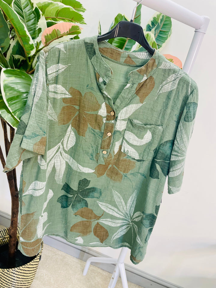 LADIES LEAF PRINT LINEN GRANDAD SHIRT TOP - WHITE & KHAKI