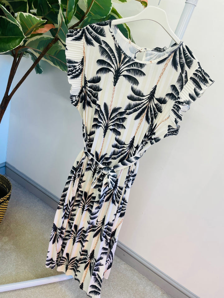 LADIES WOMENS TROPICAL PRINT PLEATED SUMMER MIDI DRESS - BLACK, KHAKI, BLUE, BEIGE & NAVY