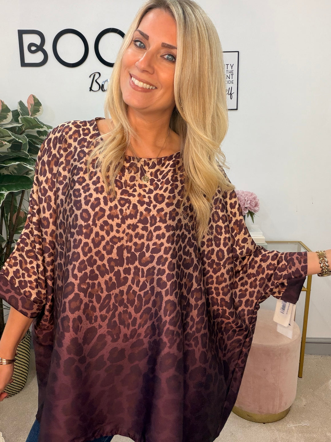 Womens Animal Print Oversize Loose Fit Floaty Blouse Top - Burgundy & Grey