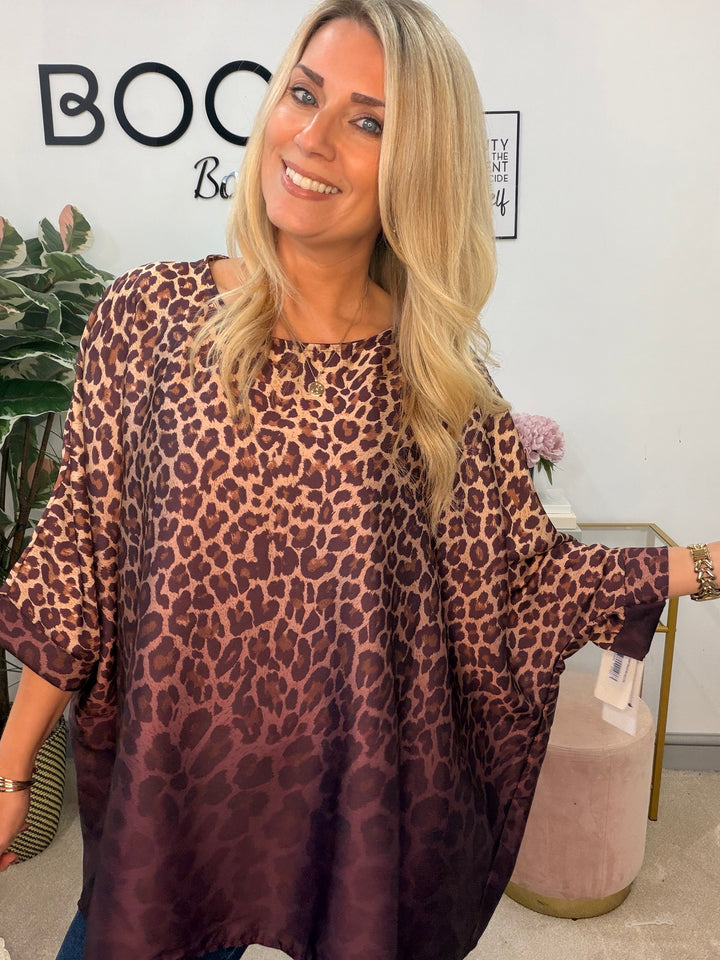 Womens Animal Print Oversize Loose Fit Floaty Blouse Top - Burgundy & Grey