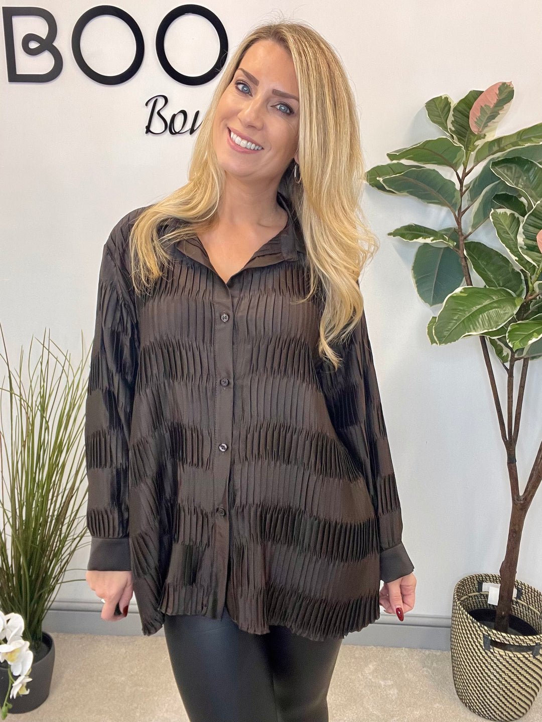 LADIES PLEATED OVERSIZE SHIRT BLOUSE - BLACK, PLUM & BROWN