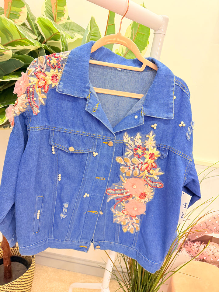 Ladies Blue Denim Applique Flower & Pearl Jacket - Pink & Mint