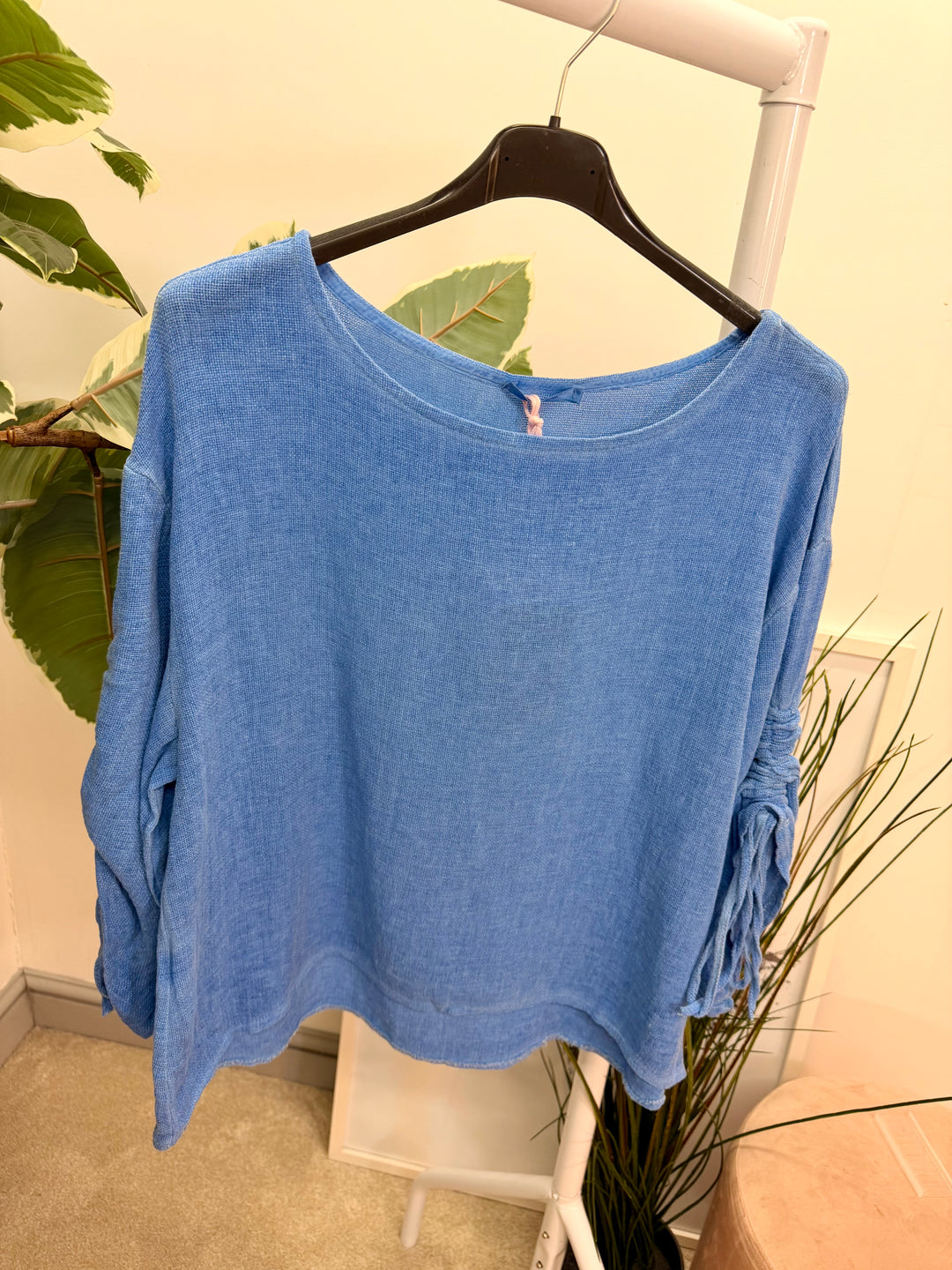Ladies Fashion Ruche Sleeve Teabag Linen Top royal blue