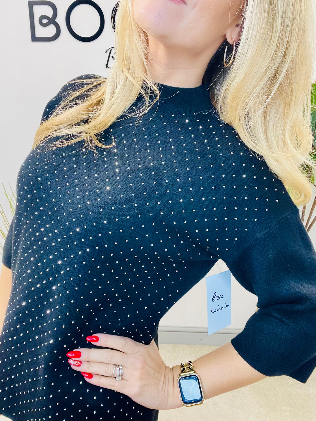 LADIES BLACK SPARKLY STUD SHORT SLEEVE JUMPER