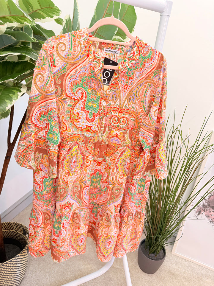 Ladies Paisley Print Smock Summer Dress - green, blue, pink, orange