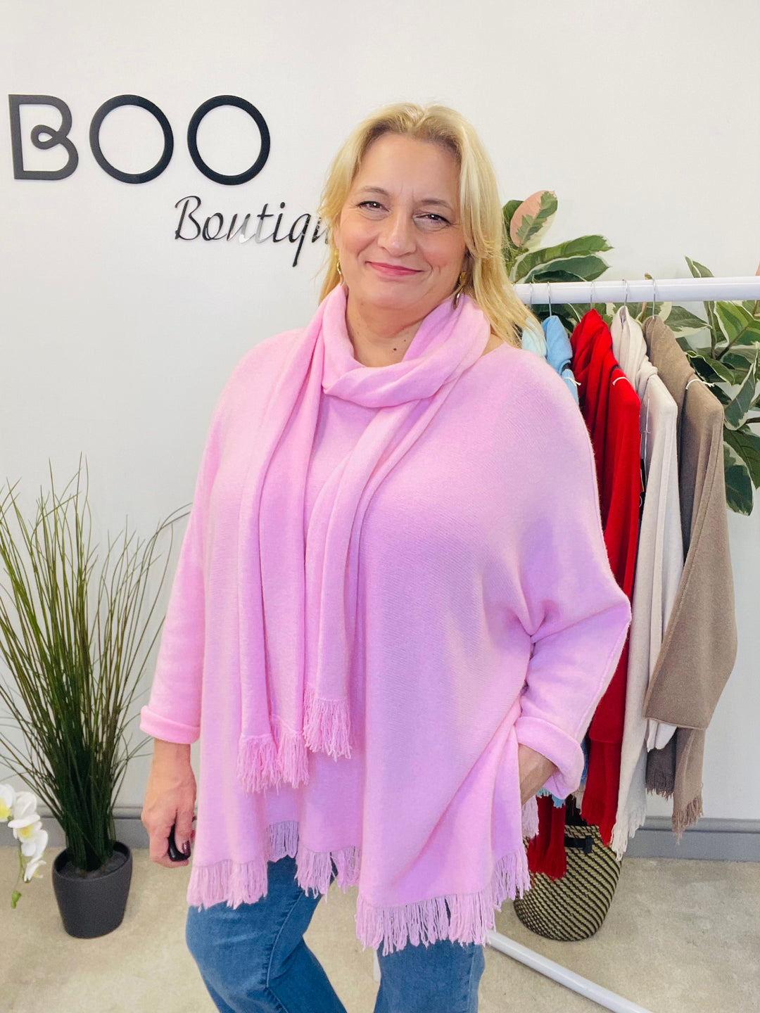 LADIES OVERSIZE JUMPER & SCARF SET PINK