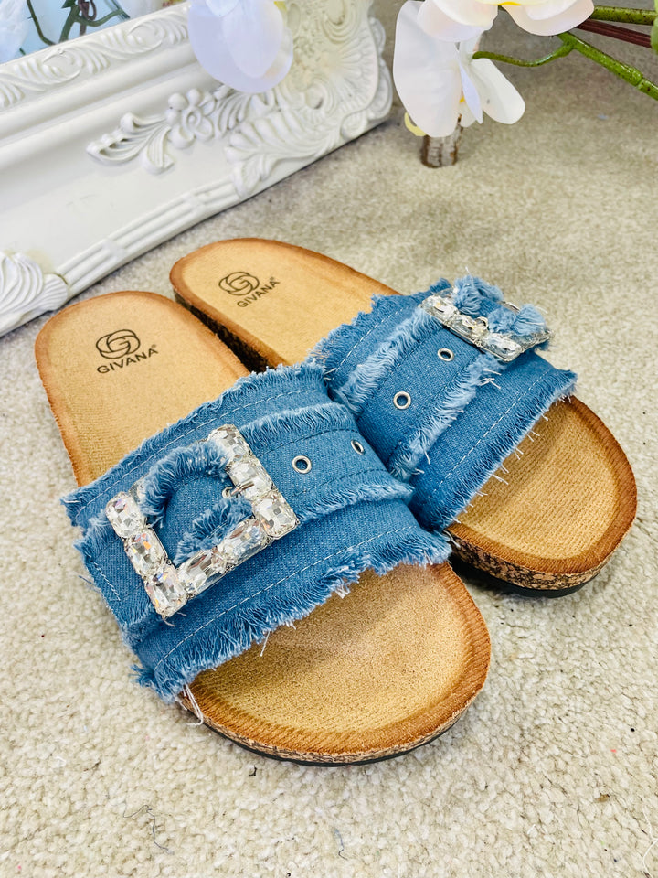 LADIES WOMENS BLUE DENIM DIAMANTE BUCKLE SLIDER SUMMER SANDALS
