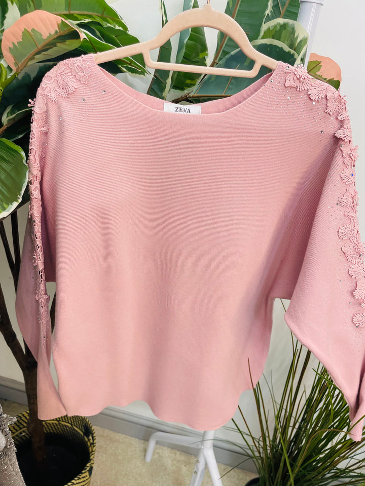 LADIES DIAMANTE SLEEVE BATWING JUMPER BABY PALE PINK