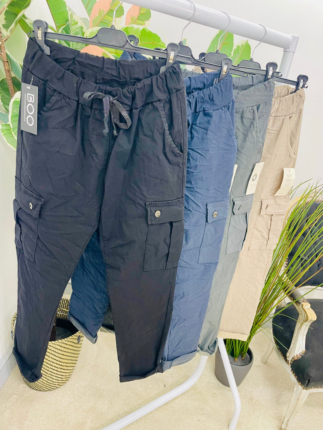 LADIES STRETCH CARGO MAGIC TROUSERS - NAVY, BLACK, BEIGE & GREY