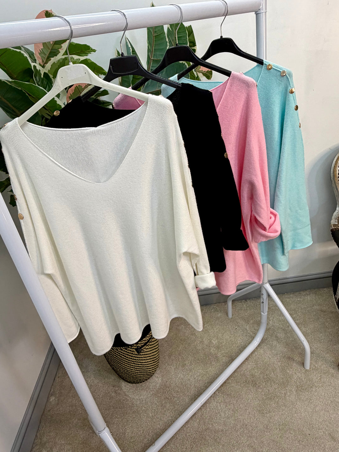 LADIES SOFT KNIT V NECK FASHION JUMPER - WHITE, MINT, BLACK & PINK