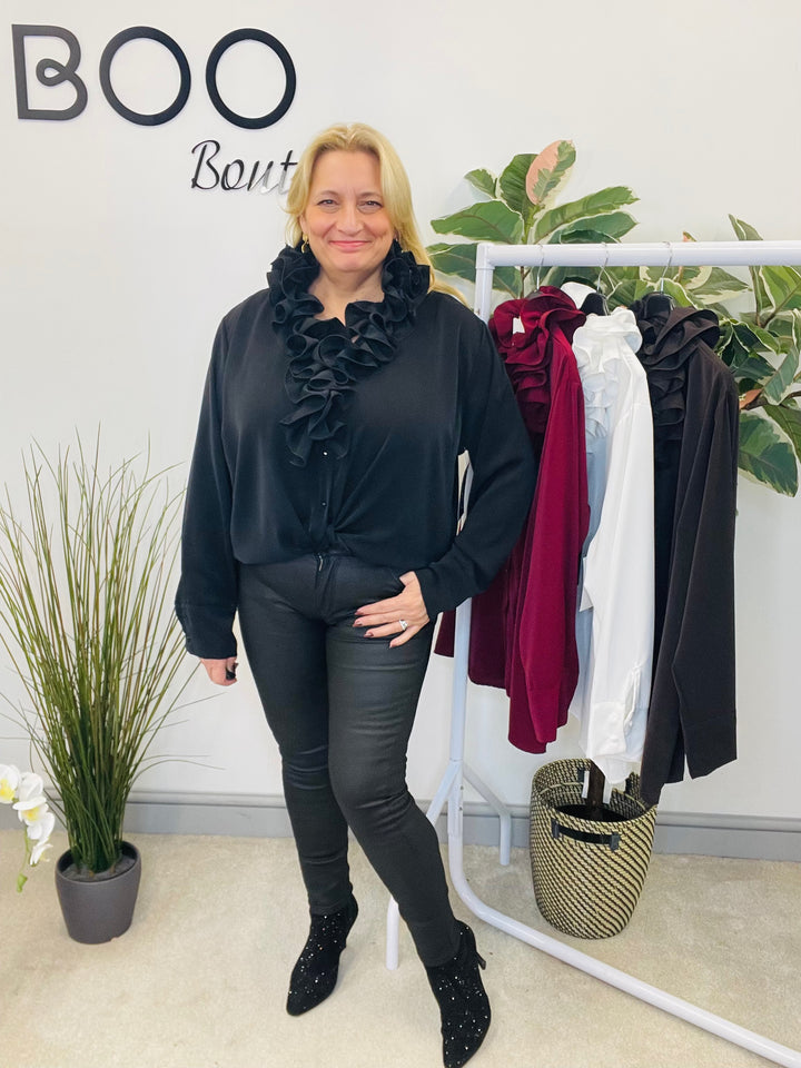 LADIES RUFFLE FRILL BLOUSE SHIRT - WHITE, BLACK, BROWN & BERRY