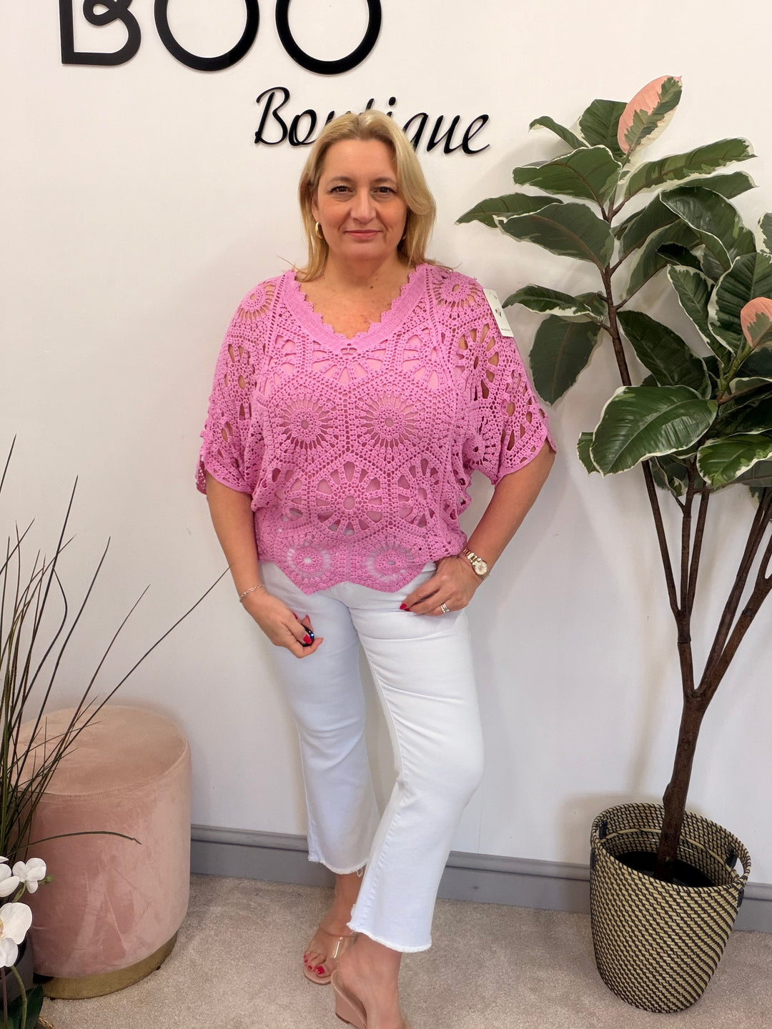 Ladies Fashion Crochet Open Knit Top fuschia pink