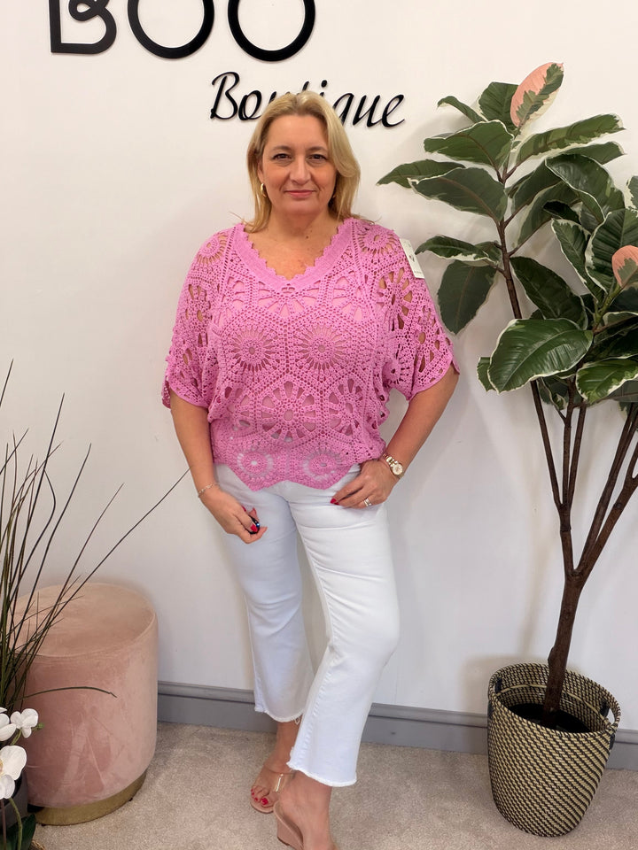 Ladies Fashion Crochet Open Knit Top fuschia pink