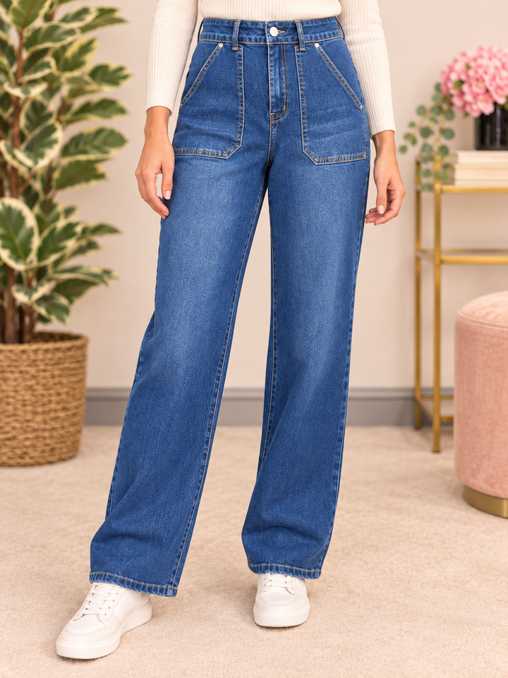 The JUNE denim blue wide leg jeans