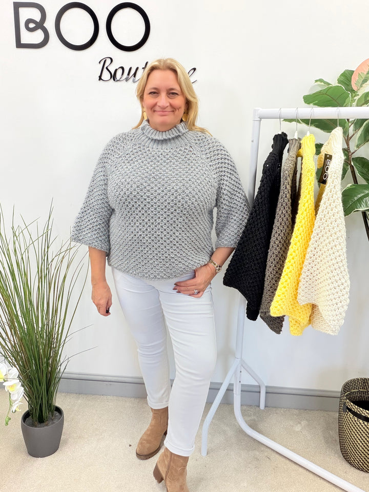 LADIES CHUNKY WAFFLE KNIT JUMPER - LEMON, BEIGE, BLACK, MOCHA & GREY