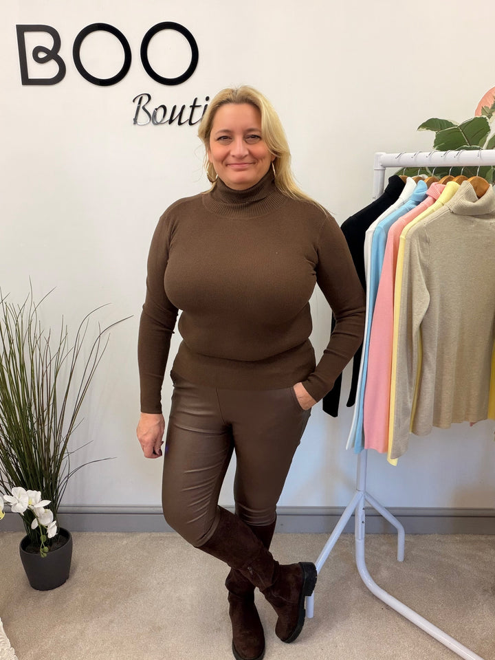 LADIES FASHION ROLL NECK JUMPER - BLACK, WHITE, LEMON, PINK, BLUE, BROWN & BEIGE