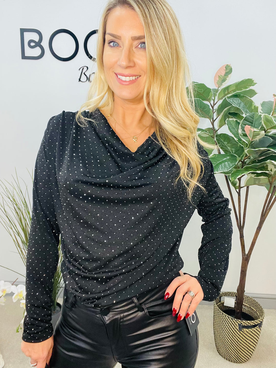 LADIES SPARKLY FESTIVE COWL NECK TOP - GREEN, NAVY, BLACK, BROWN