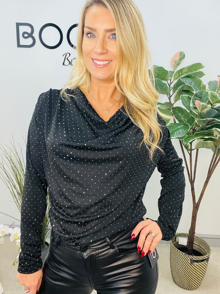 LADIES SPARKLY FESTIVE COWL NECK TOP - GREEN, NAVY, BLACK, BROWN