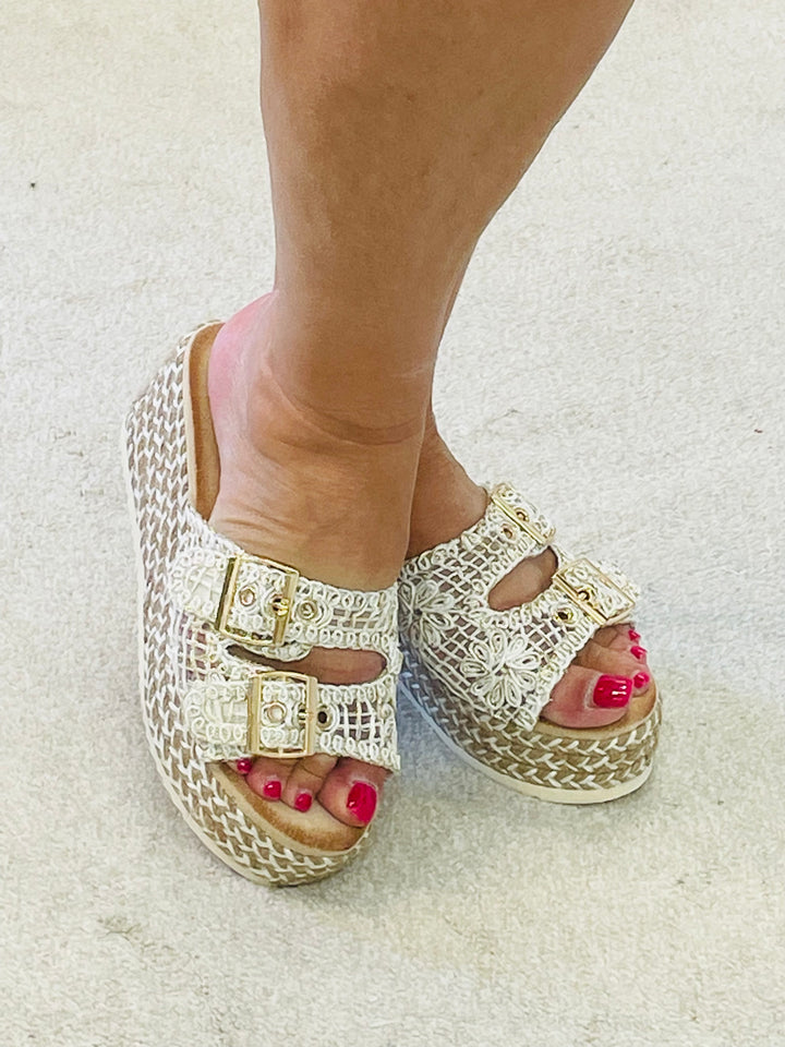 LADIES WHITE CROCHET SUMMER WEDGE FLATFORM SANDALS SHOES