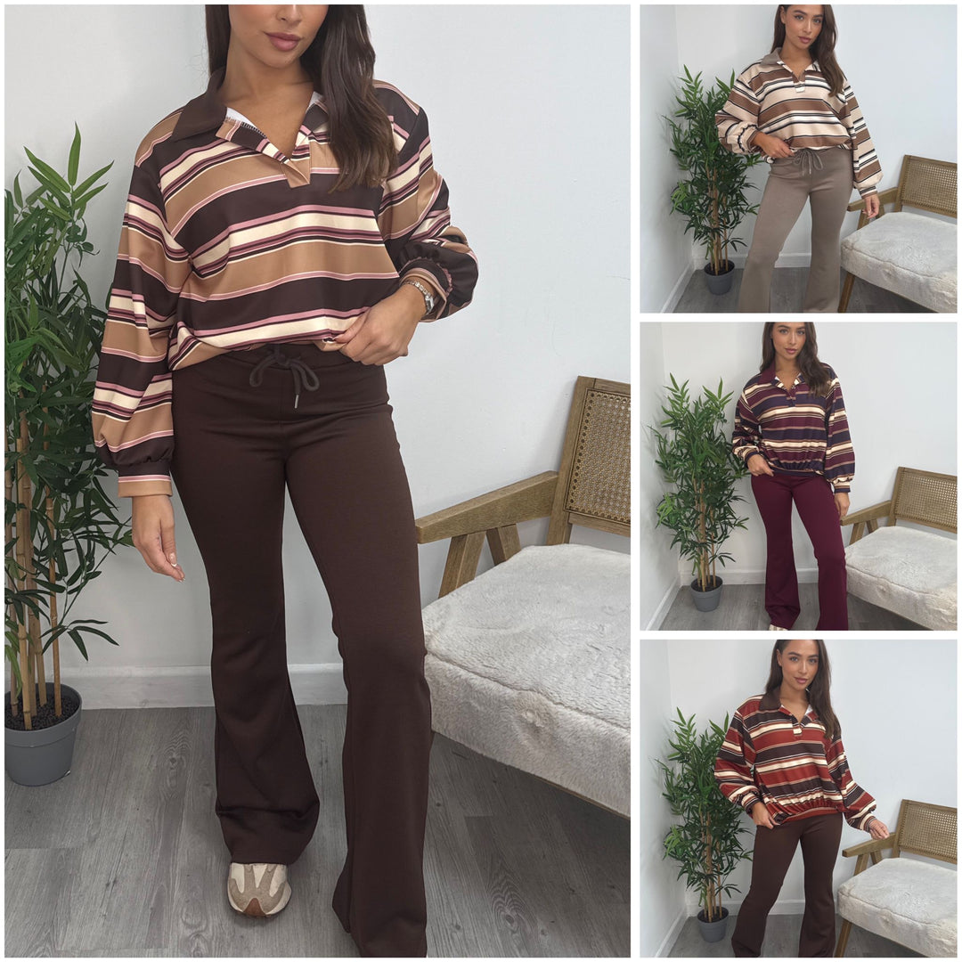 LADIES RUGBY TOP STRAIGHT LEG CO ORD SET - PLUM, MOCHA, BROWN