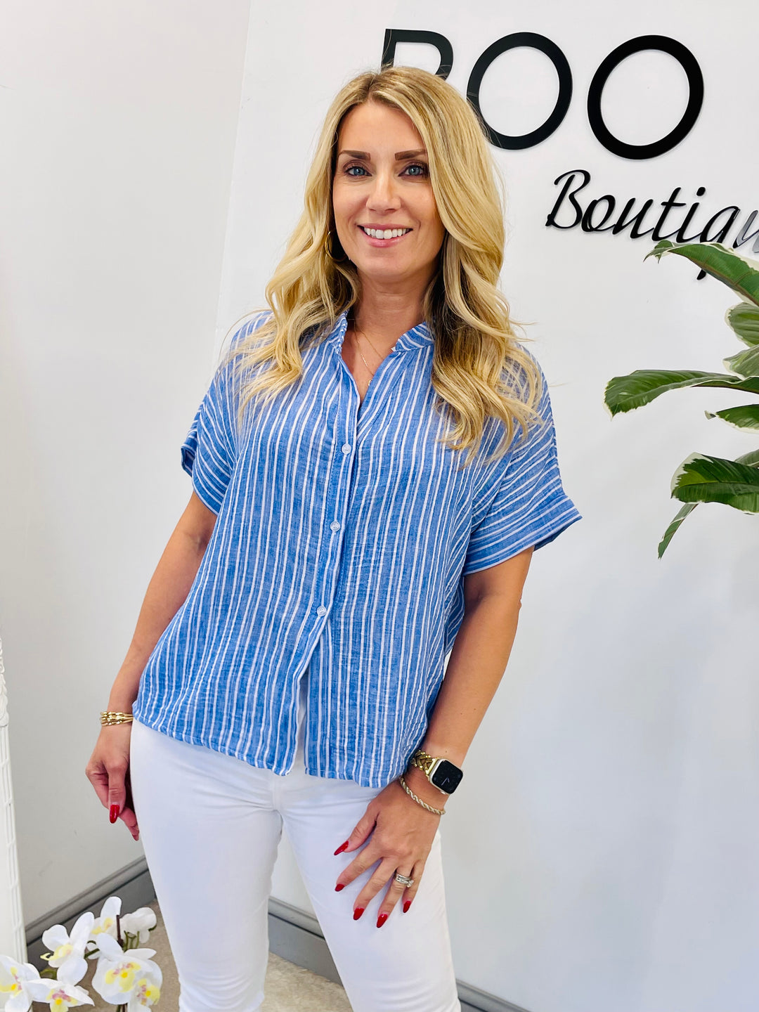 LADIES LINEN PINSTRIPE SUMMER SHIRT - KHAKI, BEIGE, BLUE