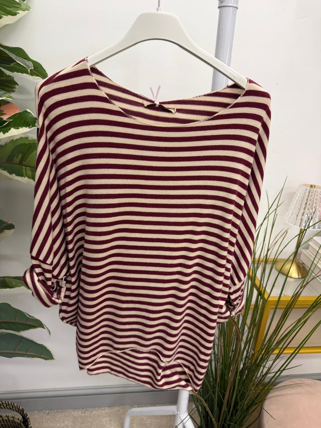 Ladies Fashion Soft Knit Stripe Top - Chocolate, Lime, Blue & Burgundy