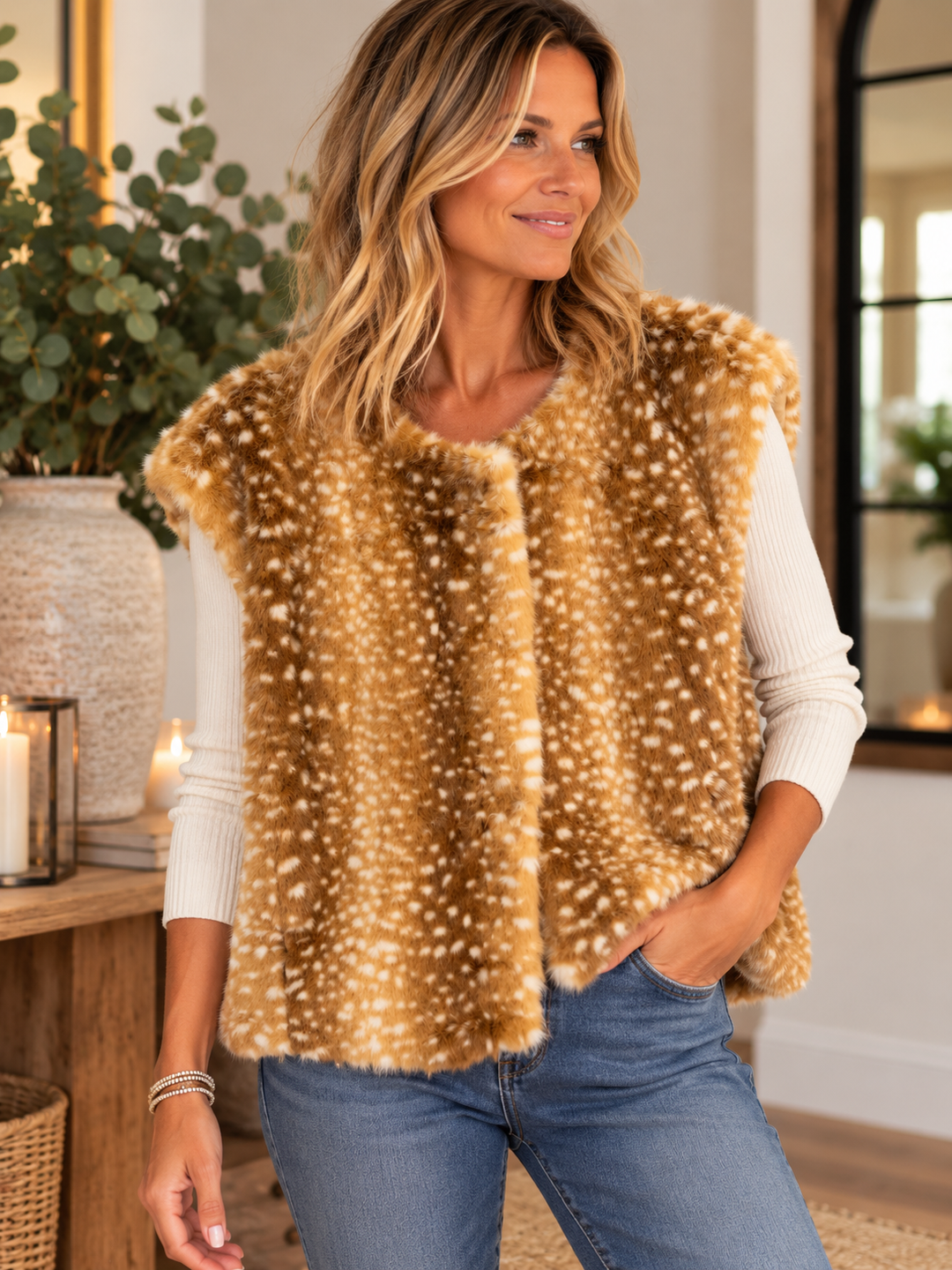 The OLA cream Bambi faux fur gilet