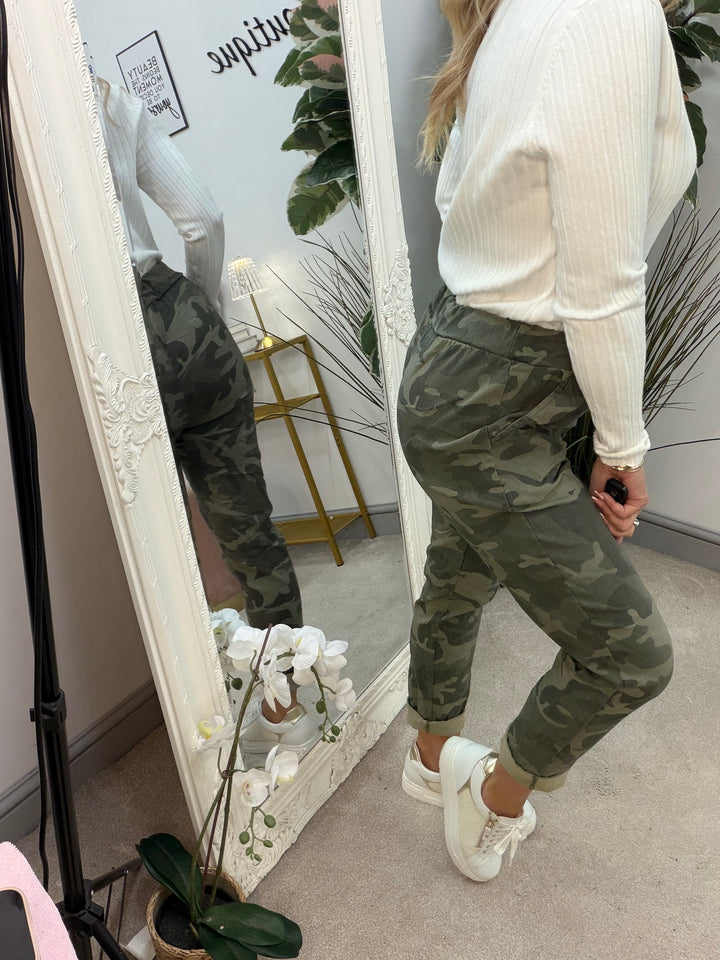 Ladies Fashion Camouflage Stretch Magic Trousers - Brown, Khaki & Grey 