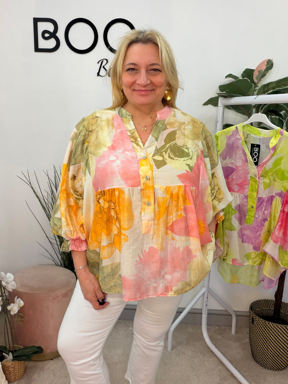 Ladies Fashion Boho Style Grandad Shirt - pink and khaki