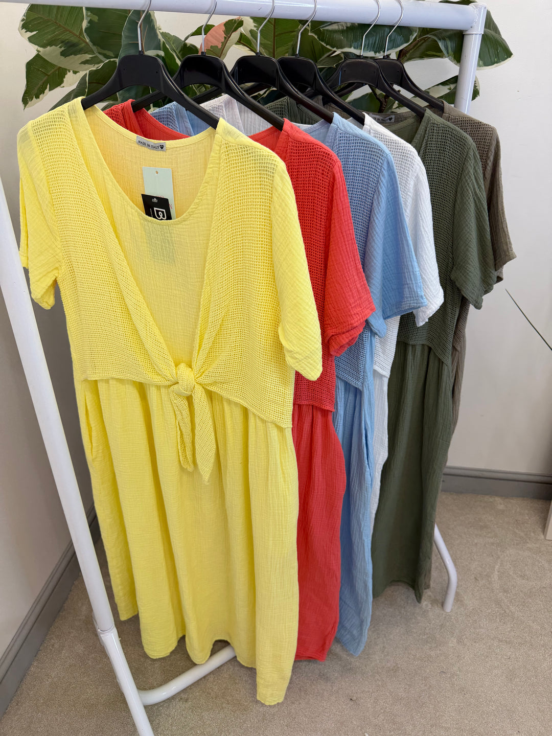 Ladies Cheesecloth Summer Midi Dress - Lemon, Khaki, Coral, White, Lemon, Blue